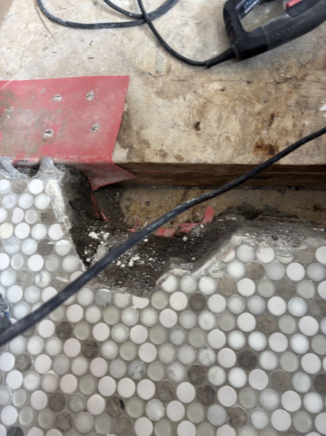 Water damaged bathroom after tile and fixture removal during mitigation