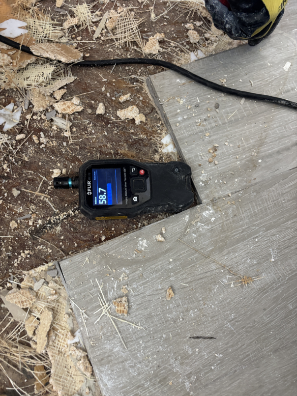 Moisture meter readings taken during bathroom water damage restoration in Bend OR