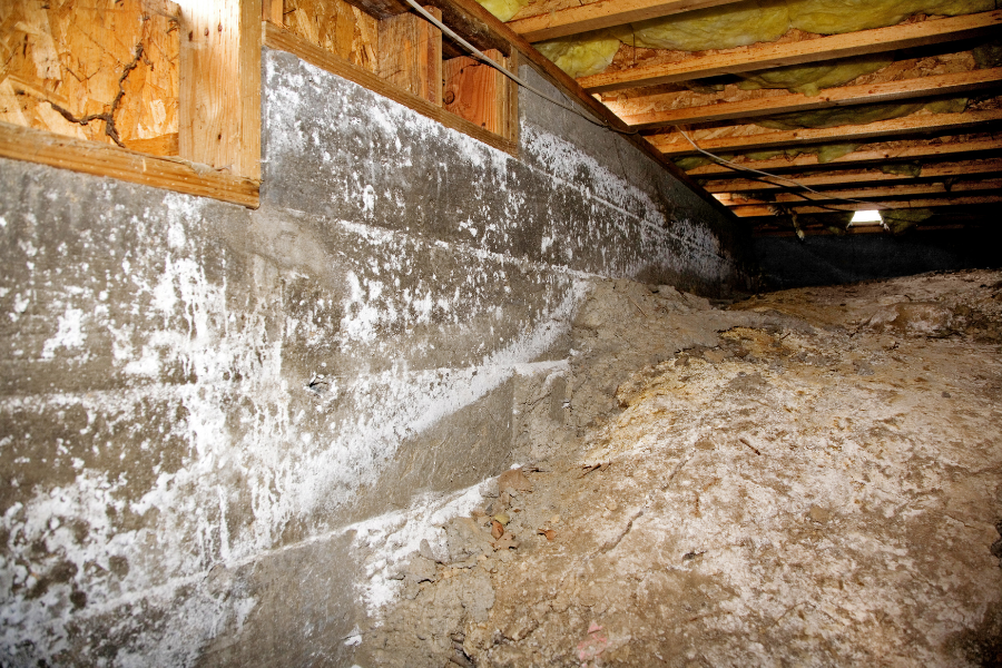 Mold growth on wood framing inside a crawl space from prolonged moisture exposure