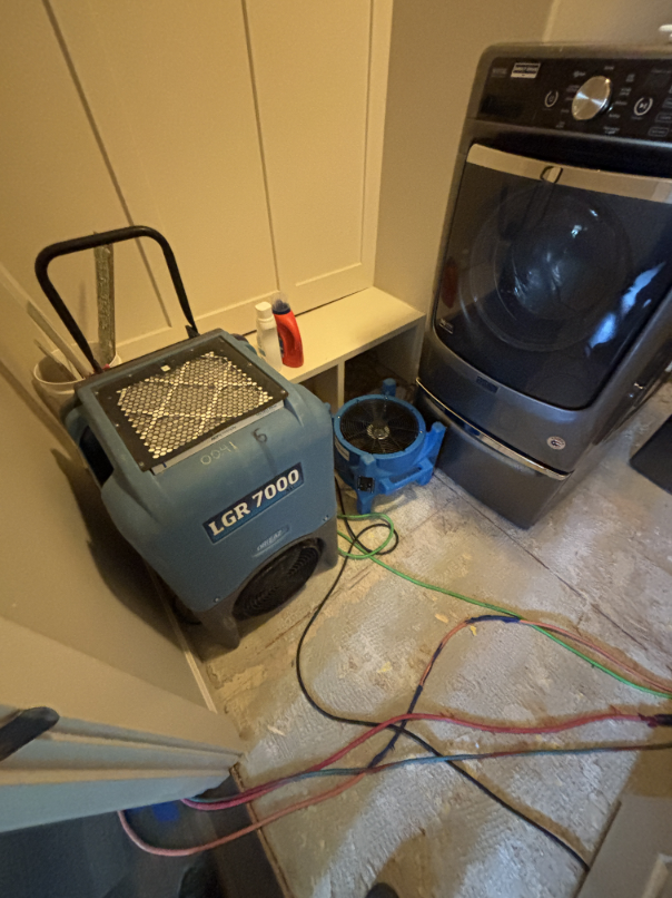 Flood cuts along drywall exposing wall cavity for drying in laundry room