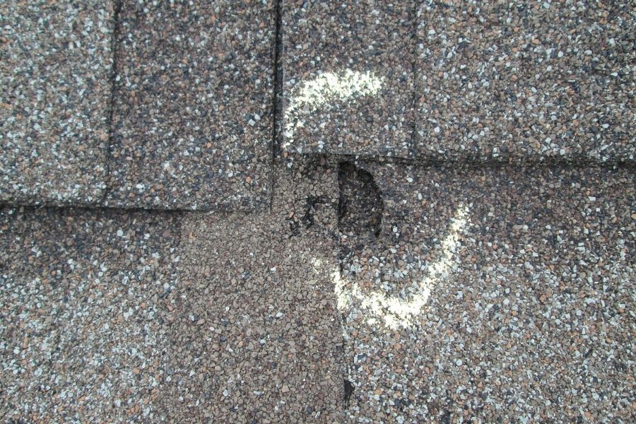 Close-up of hail damage on asphalt roof shingles showing granule loss and bruising