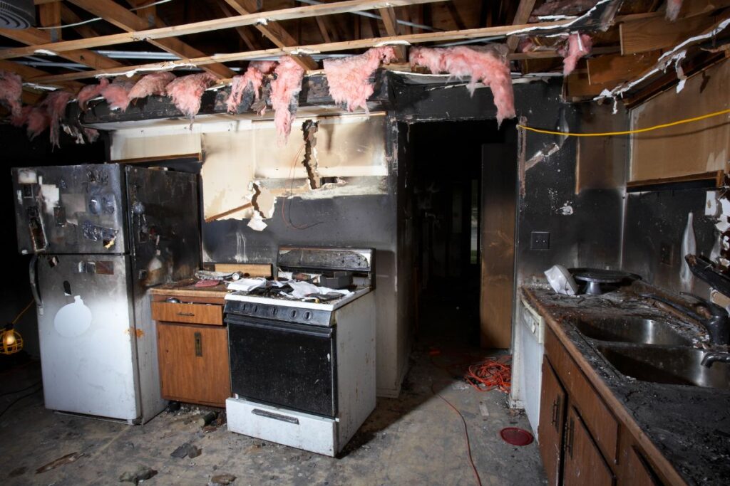 Soot and smoke damage in a kitchen after a fire in Bend